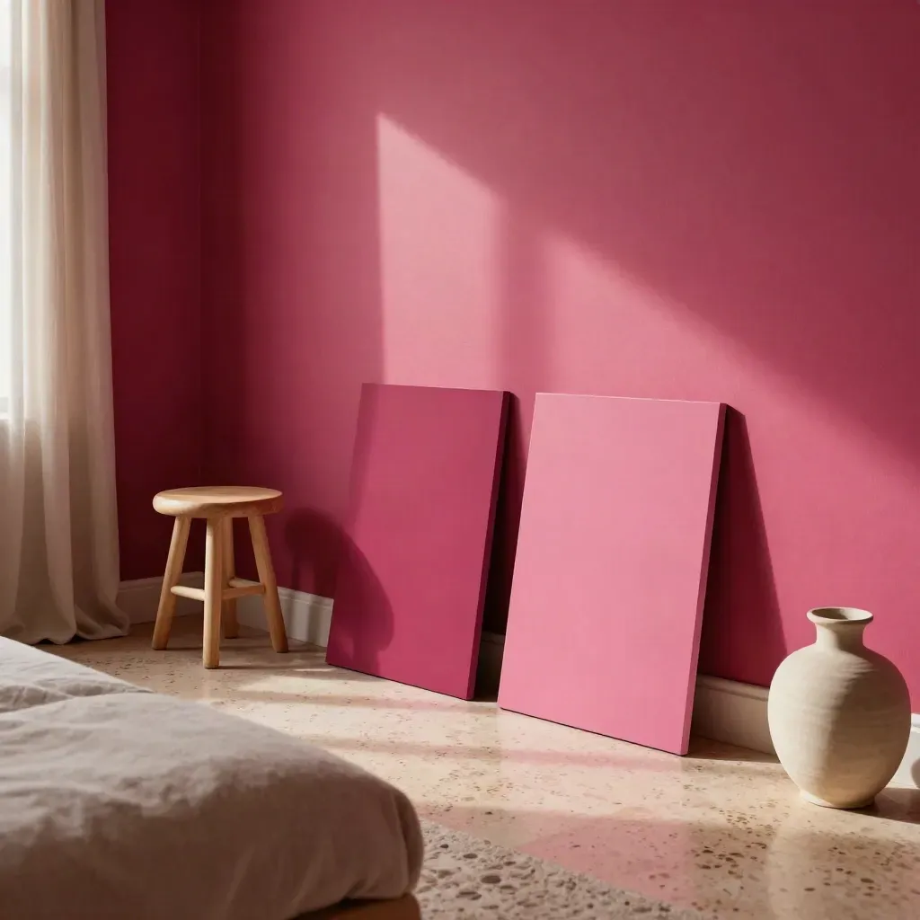 Kleine kamer met diepe fuchsia accentmuur en twee proefvlakken naast neutrale meubels.