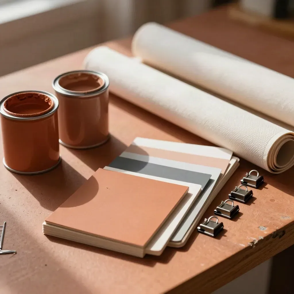 Projectset met verfblikken, samplekaarten en canvas, klaar voor levering op een werkbank.