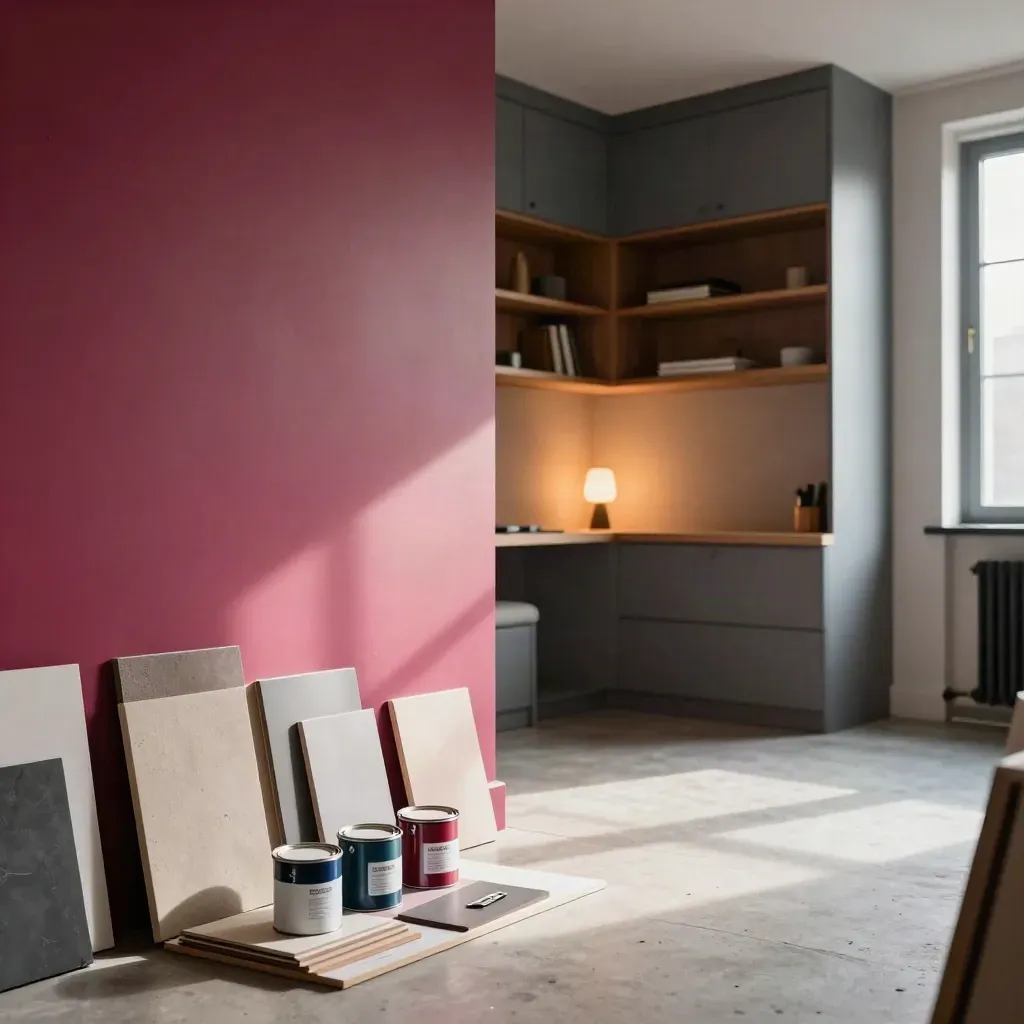 Compacte studio met matte fuchsia accentwand, neutrale kasten en rustig werkhoekje in warm licht.