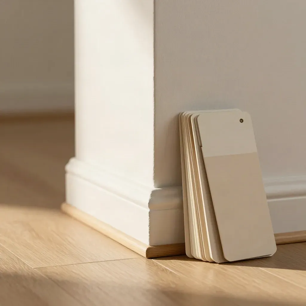 Macro van warme witte muurverf, sampleborden en een lichte houten vloer in een gestylede huurwoning.