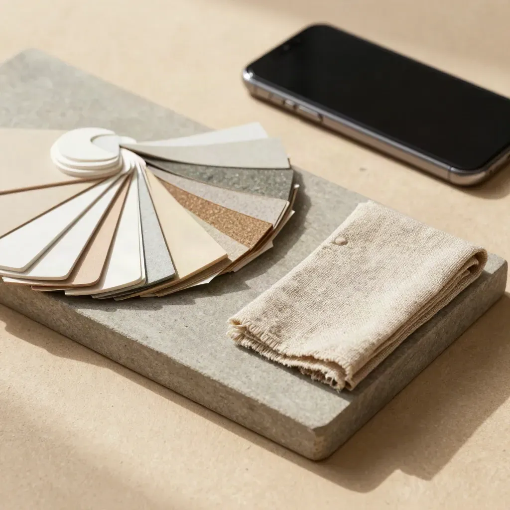 Top-down tray met telefoon, open stalenring en linnen strook in zachte neutrale tinten.