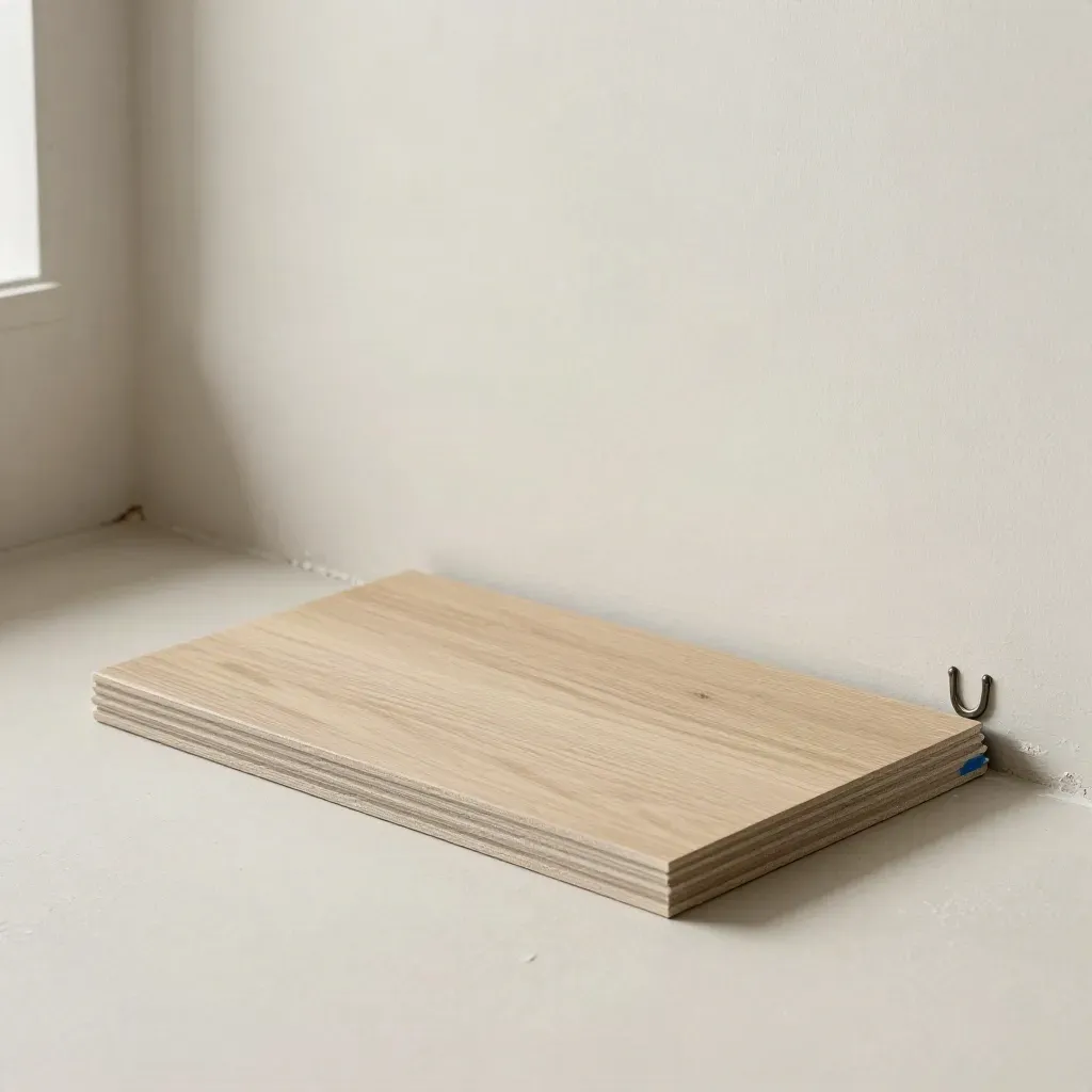 Eiken vloerstaal, matte muurchip en metalen hoekdetail op een lichte pleisterondergrond.