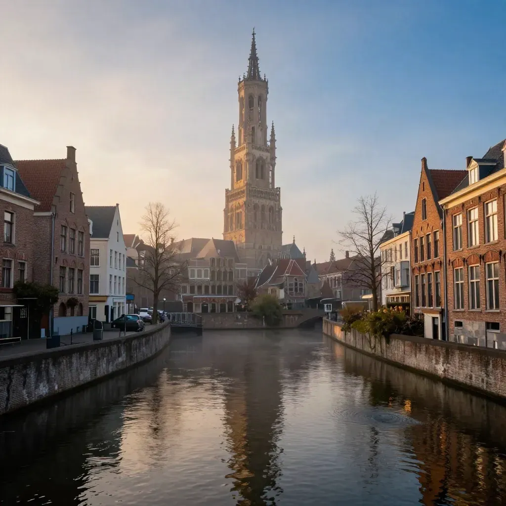 Domtoren boven de Oudegracht in avondmist, met stille waterreflecties en bakstenen kades.