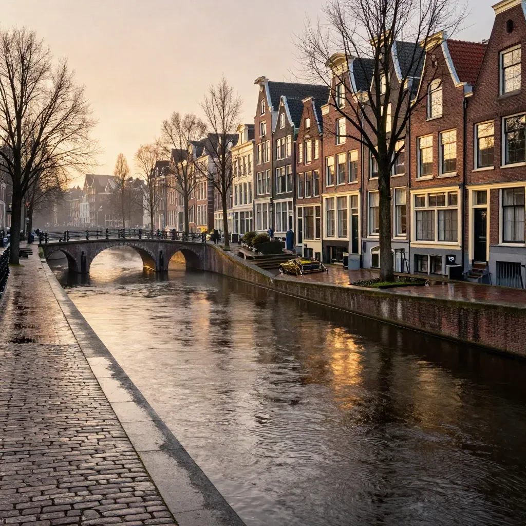 Grachtengordel in Amsterdam bij zonsondergang, met brug, baksteen en nevel boven stil water.