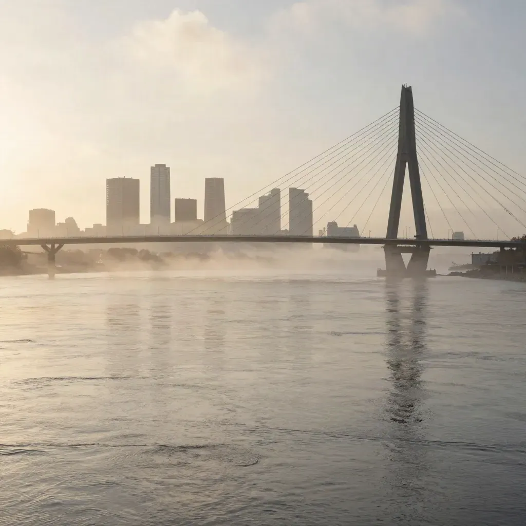 De Erasmusbrug boven de Maas in mist, skyline hoog en kalm water onderin.