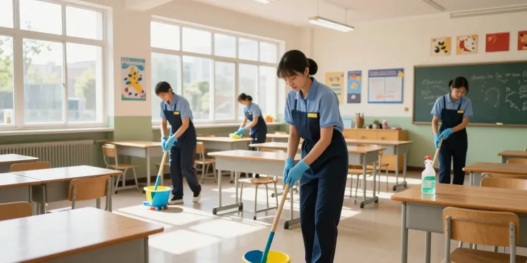 School schoonmaak Amsterdam door professionele schoonmaakdienst in een schone klaslokaal omgeving.